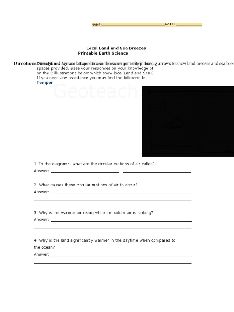 Land And Sea Breeze Worksheet Sea Oceans