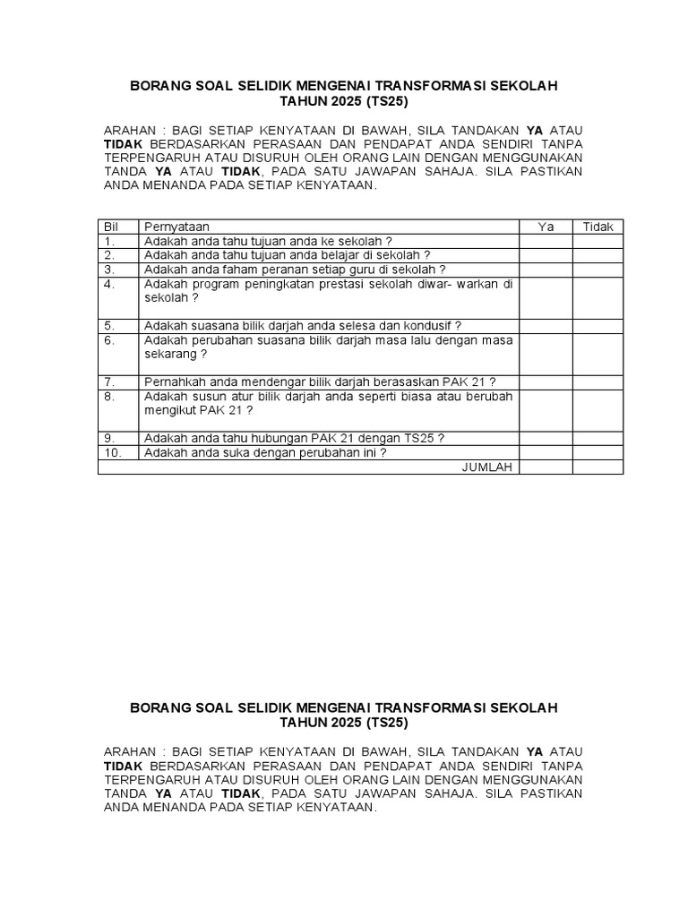 Borang Soal Selidik Mengenai Transformasi Sekolah Pdf