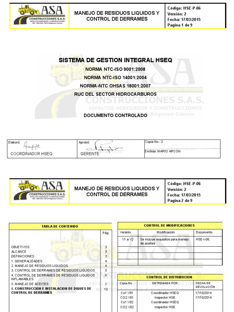 HSE-P-06. Manejo de Residuos Liquidos y Control de Derrames (V2) | PDF ...