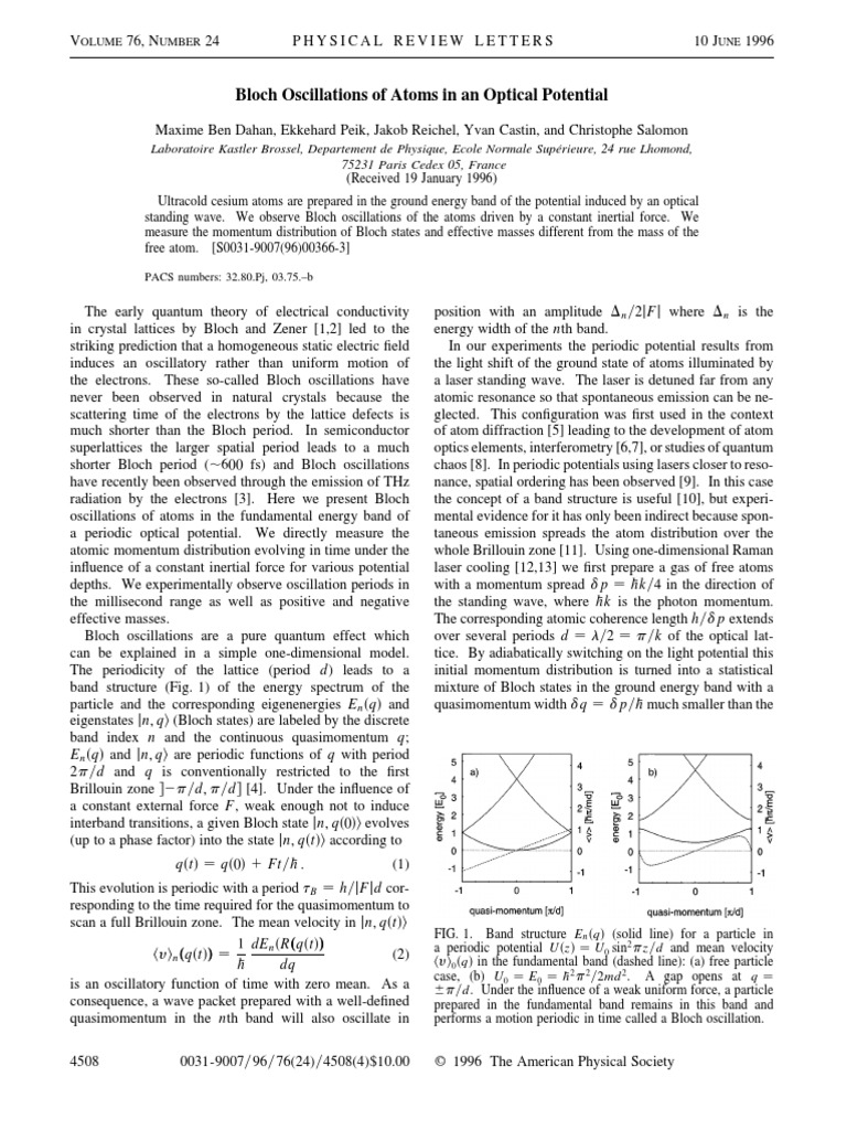 Bloch Oscillations of Atoms in An Optical Potential | PDF | Raman ...
