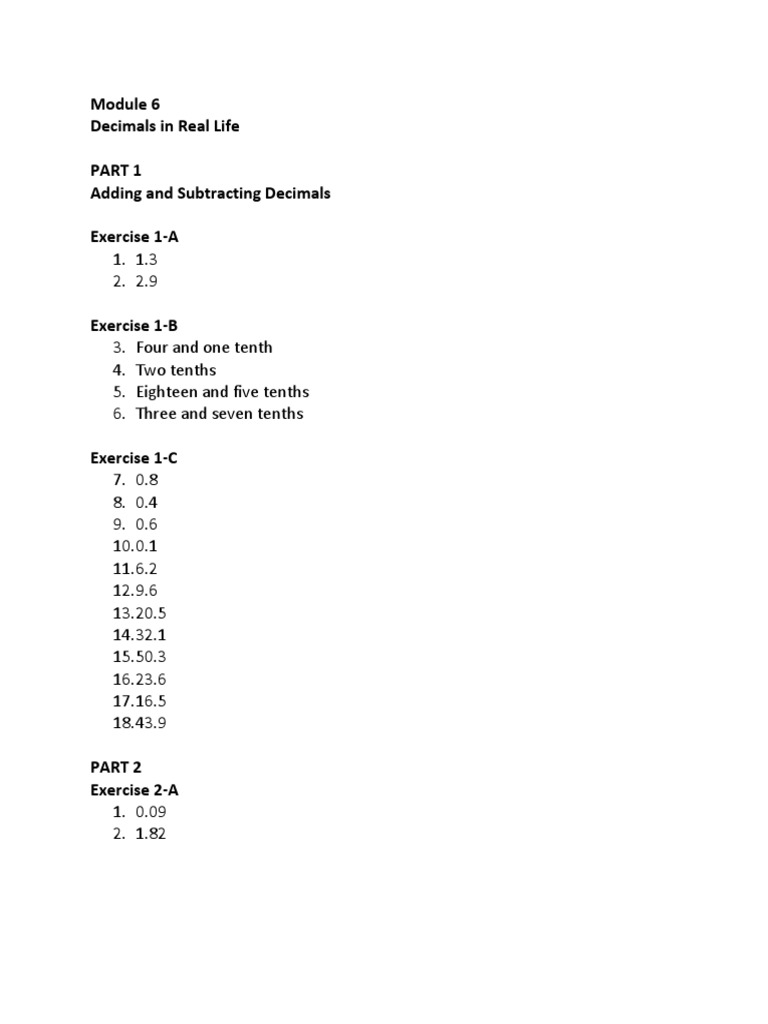 Module 6Decimals in Real Life ANSWERS PDF Arithmetic Teaching