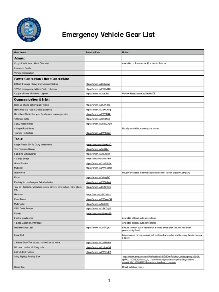 Essential Emergency Vehicle Gear List | PDF | Vehicles | Equipment