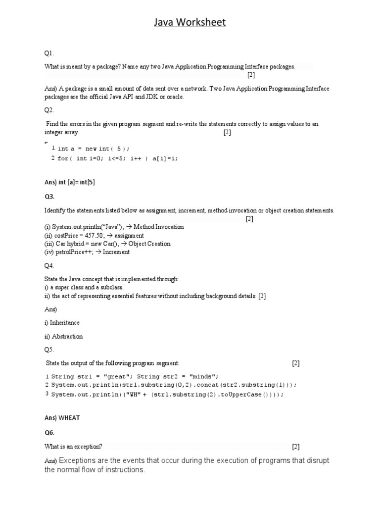 Java Worksheet: Ans) Int (A) Int (5) Q3 | PDF | Java (Programming ...