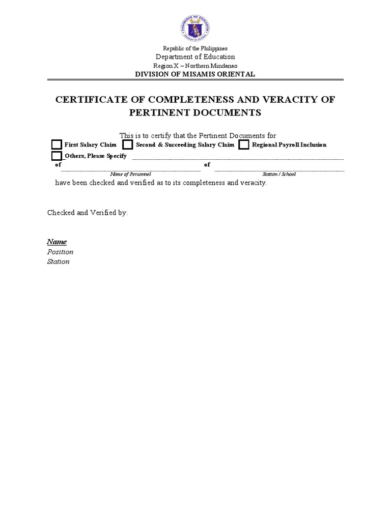 Certificate of Completeness and Veracity | PDF