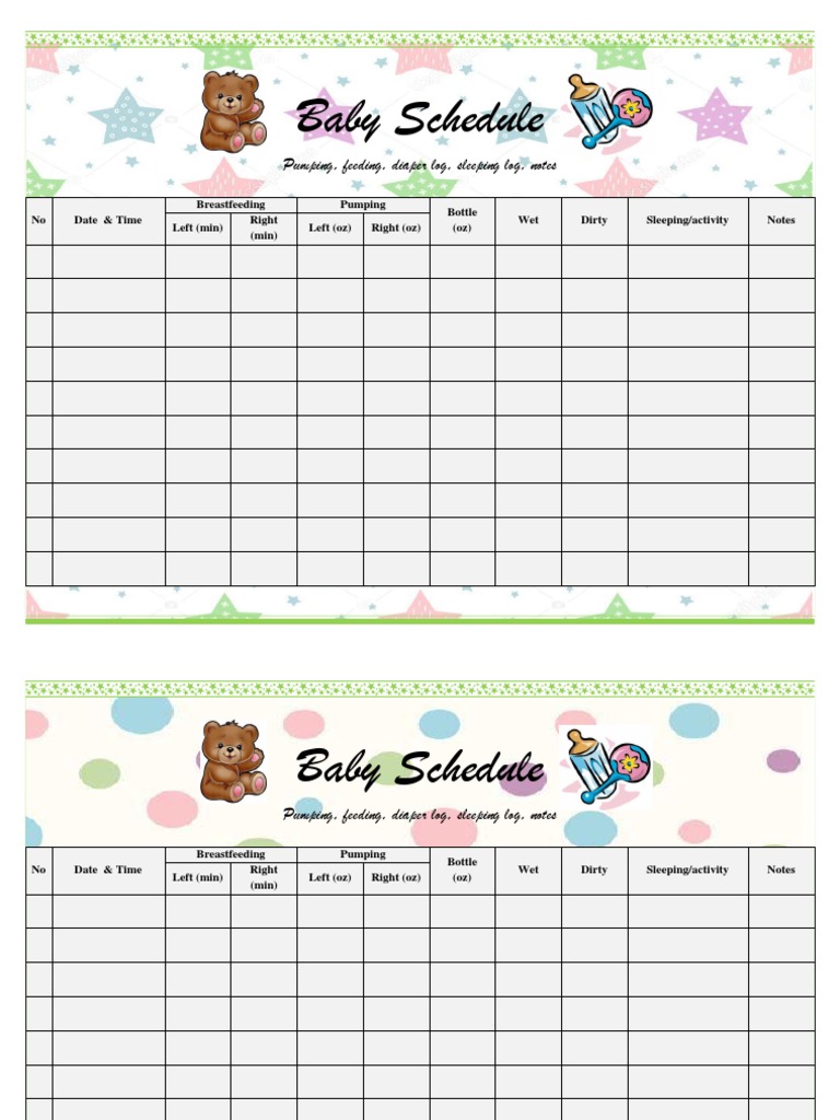 Baby Schedule: Pumping, Feeding, Diaper Log, Sleeping Log, Notes | PDF ...