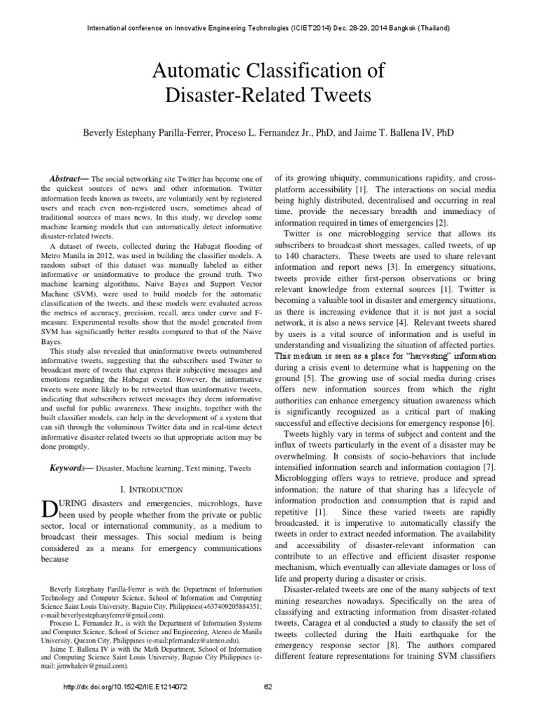 Automatic Classification of Disaster Related Tweets | PDF | Statistical ...
