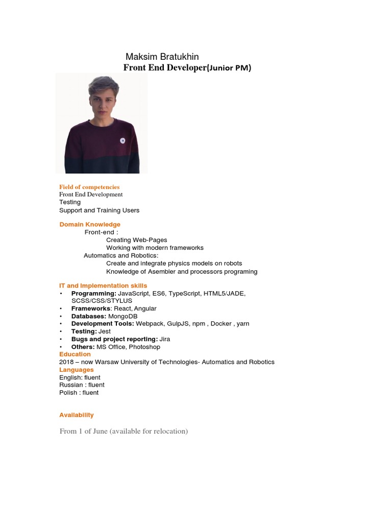 Junior Front End Developer Profile | PDF | Software | Software Development