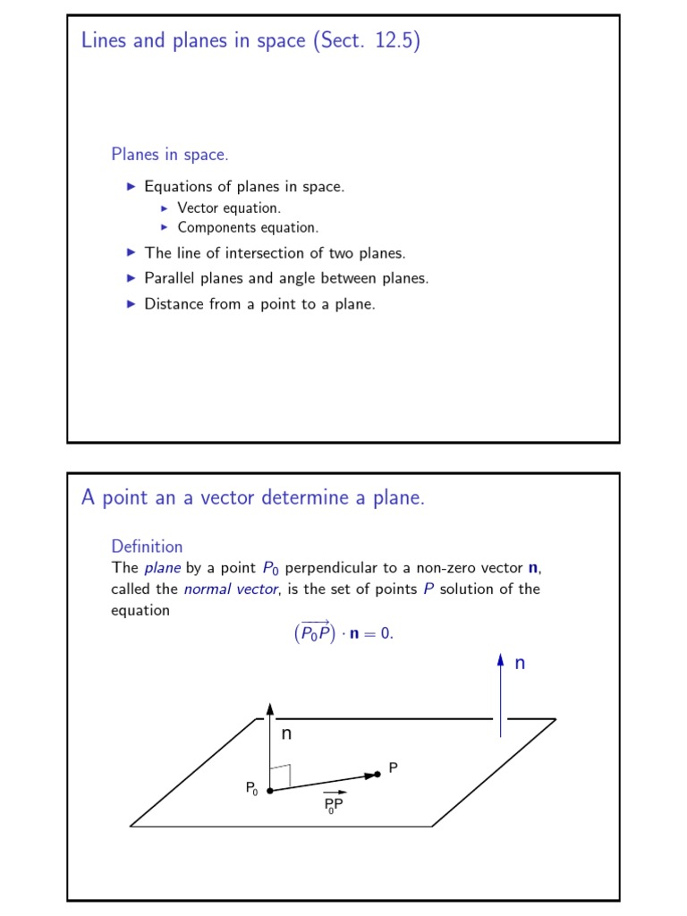 Lines and Planes in Space (Sect. 12.5) PDF Plane (Geometry) Angle