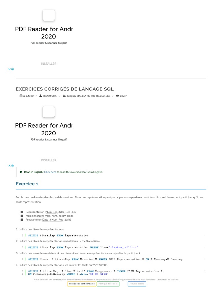 Exercices Corriges De Langage Sql Langage Sql Mp Psi Et La Tsi Ect Ecs Pdf Cookie Informatique Sql