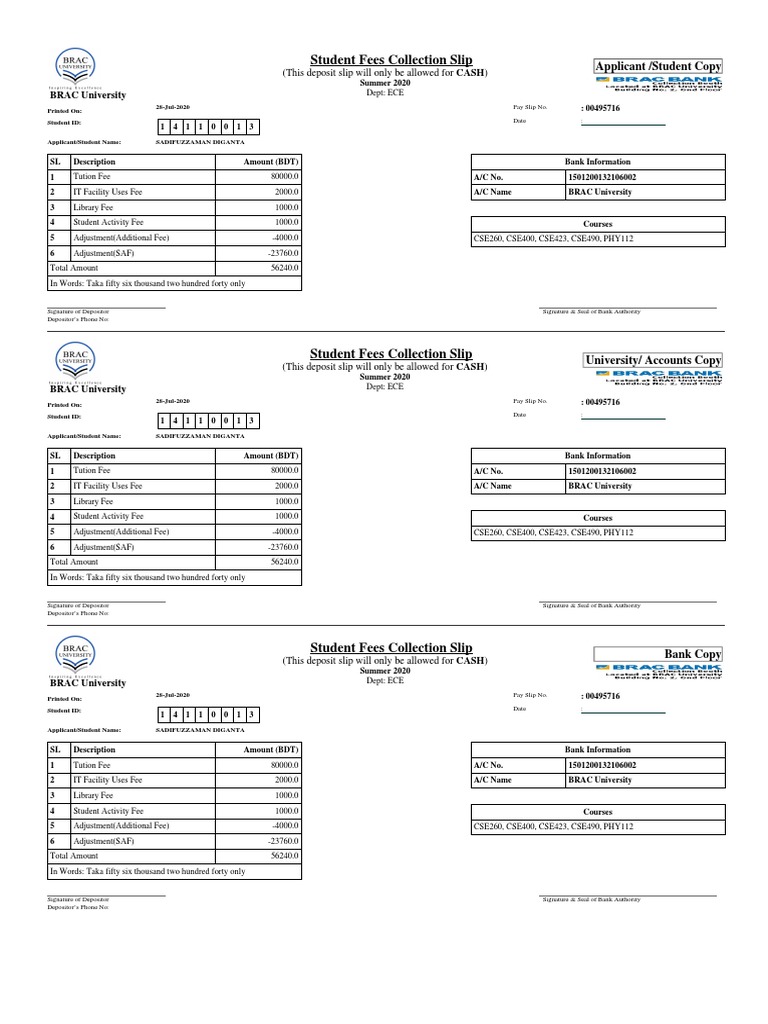 Student Fees Collection Slip for Sadifuzzaman Diganta Detailing Tuition ...