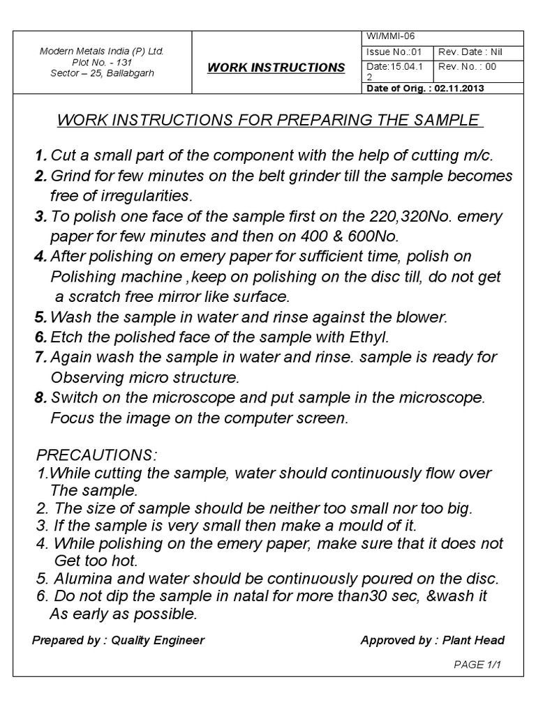 Work Instructions for Sample Preparation | PDF | Technology & Engineering