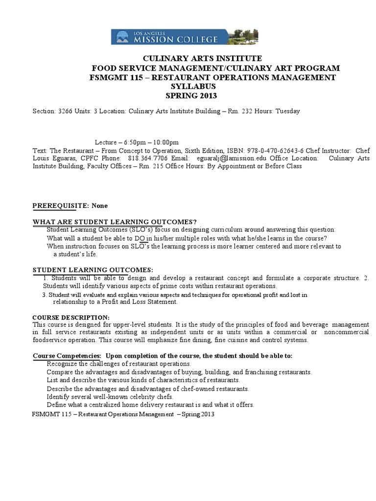 Culinary Arts Institute Food Service Management/Culinary Art Program FSMGMT 115 Restaurant