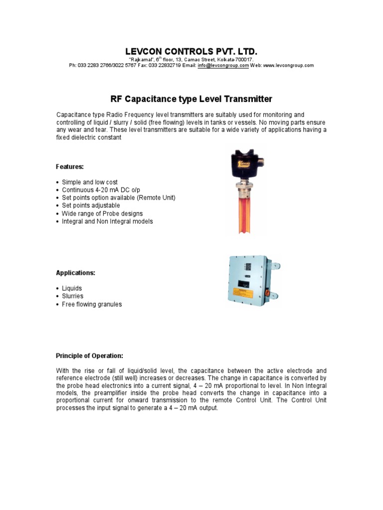 RF Capacitance Type Level Transmitter | PDF | Capacitor | Transmitter