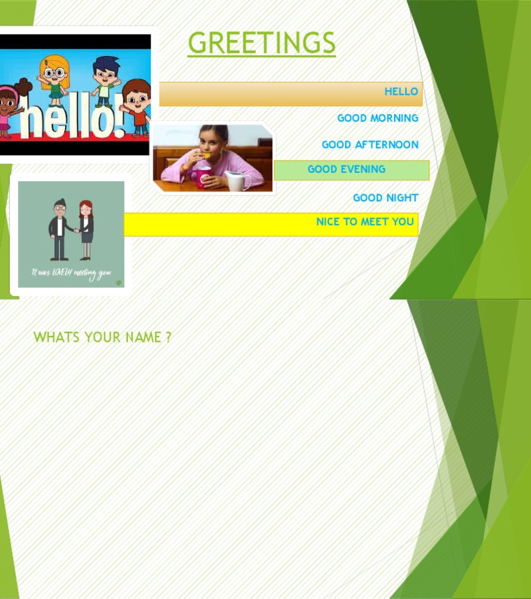 Greetings: Hello Good Morning Good Afternoon Good Evening Good Night ...