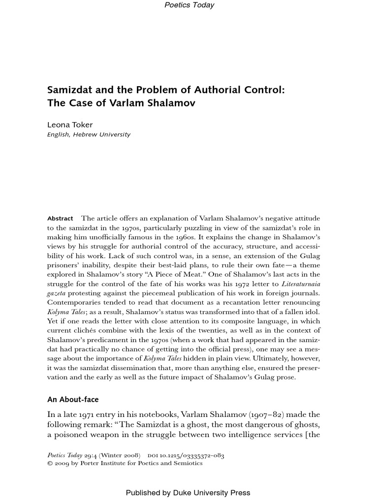 TOKER, Leona Samizdat and The Problem of Authorial Control. The Case