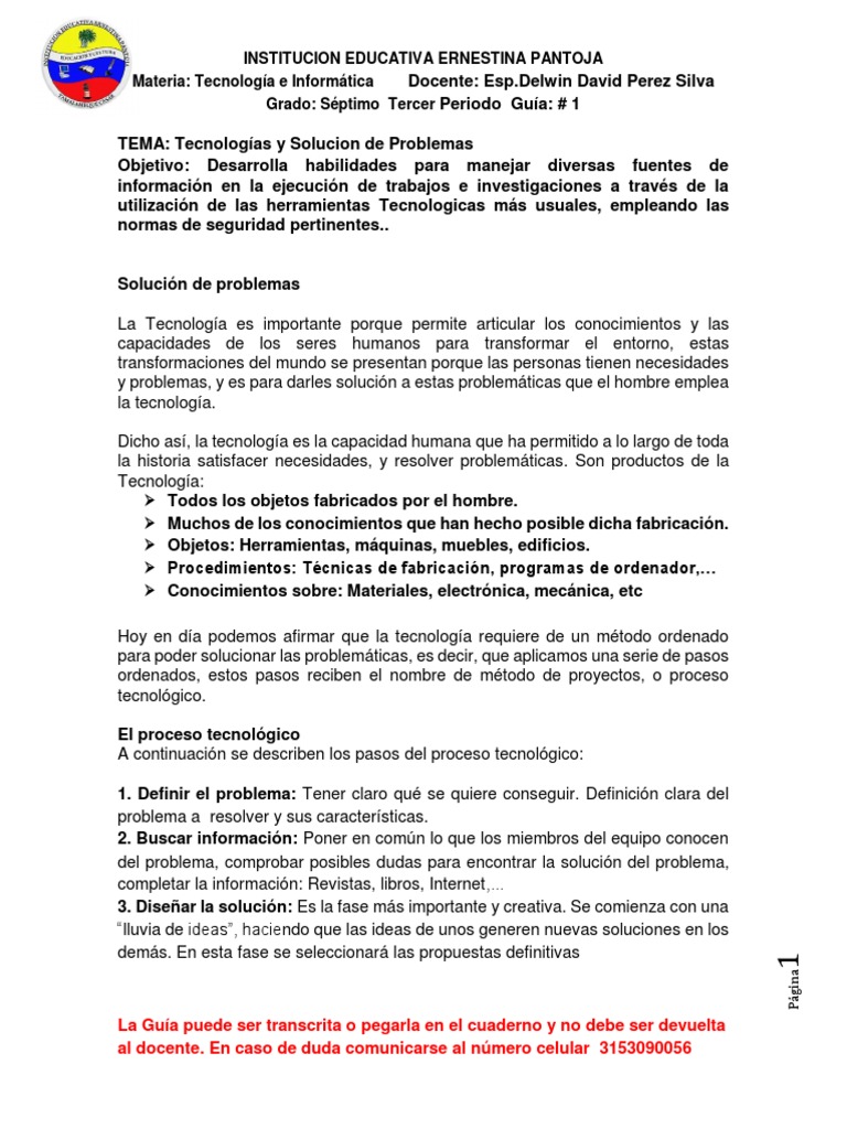 Guia 1 Tercer Periodo Grado Septimo Tema Tecnología y Solucion de ...
