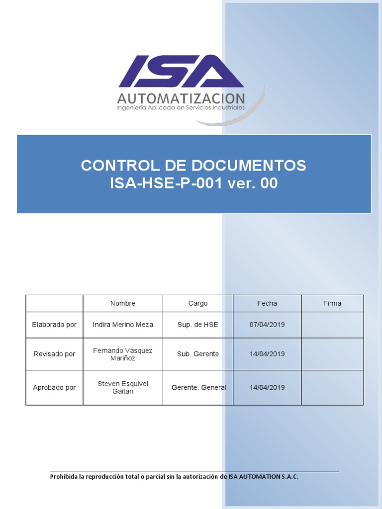 Isa Hse P 001 V00 Control De Documentos Pdf Seguridad Y Salud