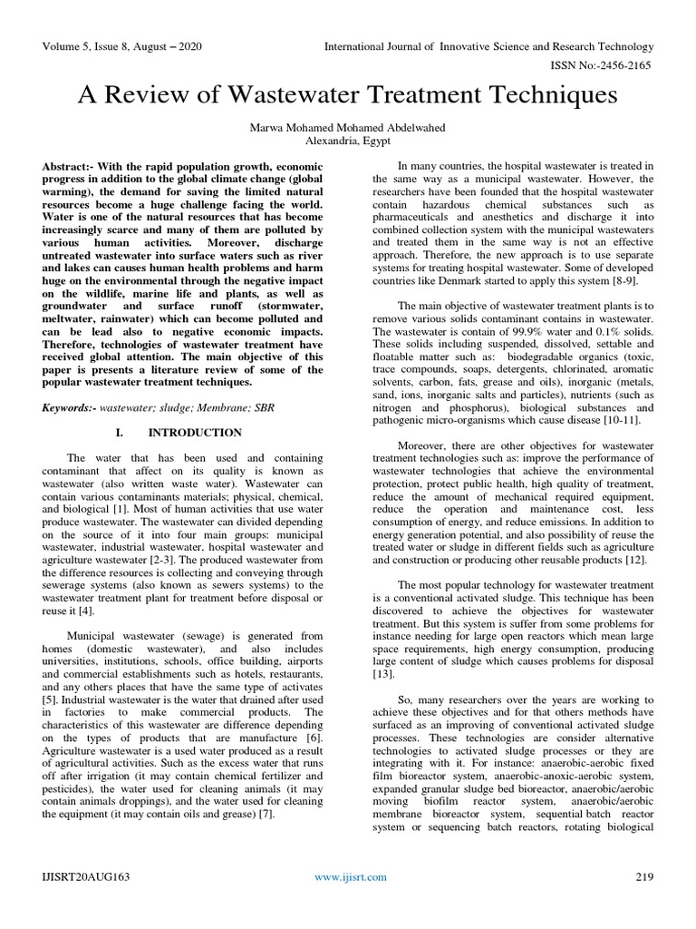 A Review of Wastewater Treatment Techniques PDF Sewage Treatment