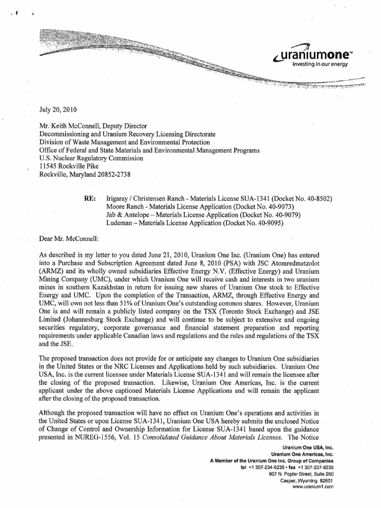D&A: 20072010 Uranium One, Inc. Letter To The Licensing Directorate Et  AlML102090404 | PDF | Nuclear Regulatory Commission | Nuclear Power