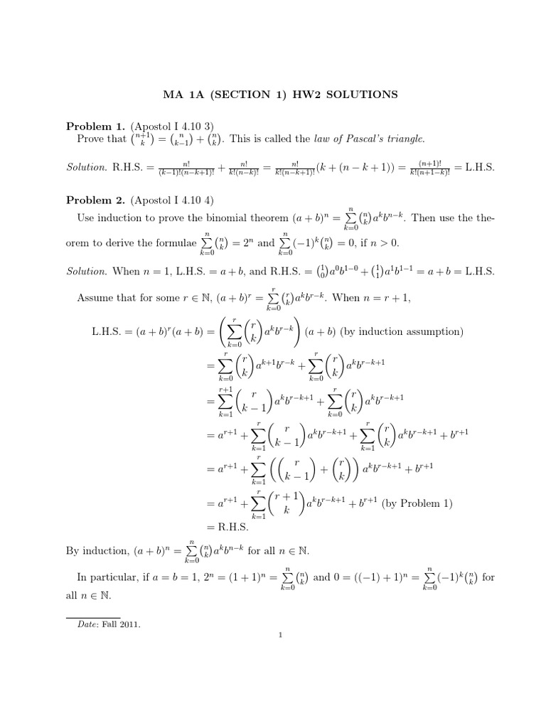 Pascal's Triangle and Binomial Theorem Solutions | PDF | Discrete ...