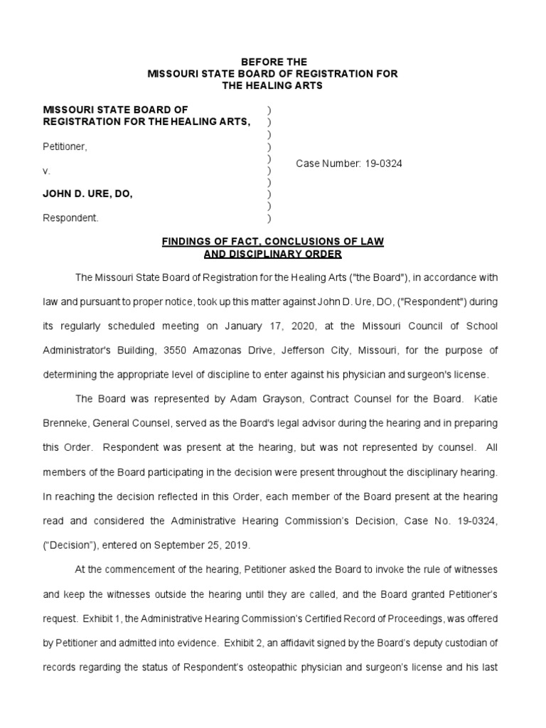 John Ure Licensed Revoked by Missouri Board PDF Medical