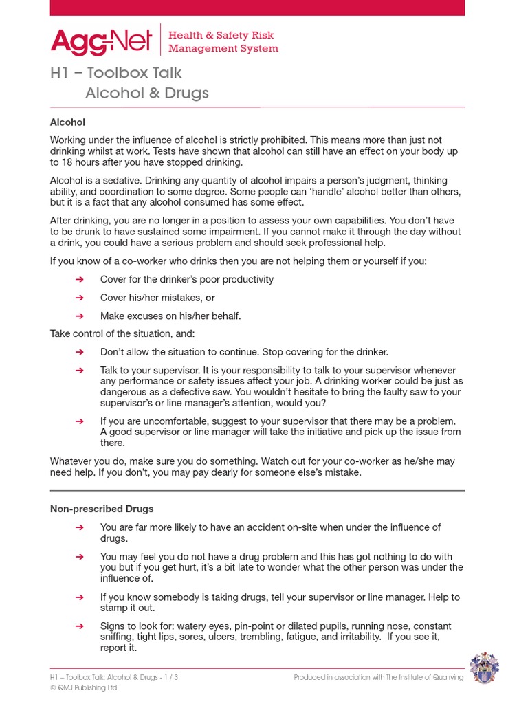 H1 Toolbox Talk Alcohol & Drugs Health & Safety Risk Management