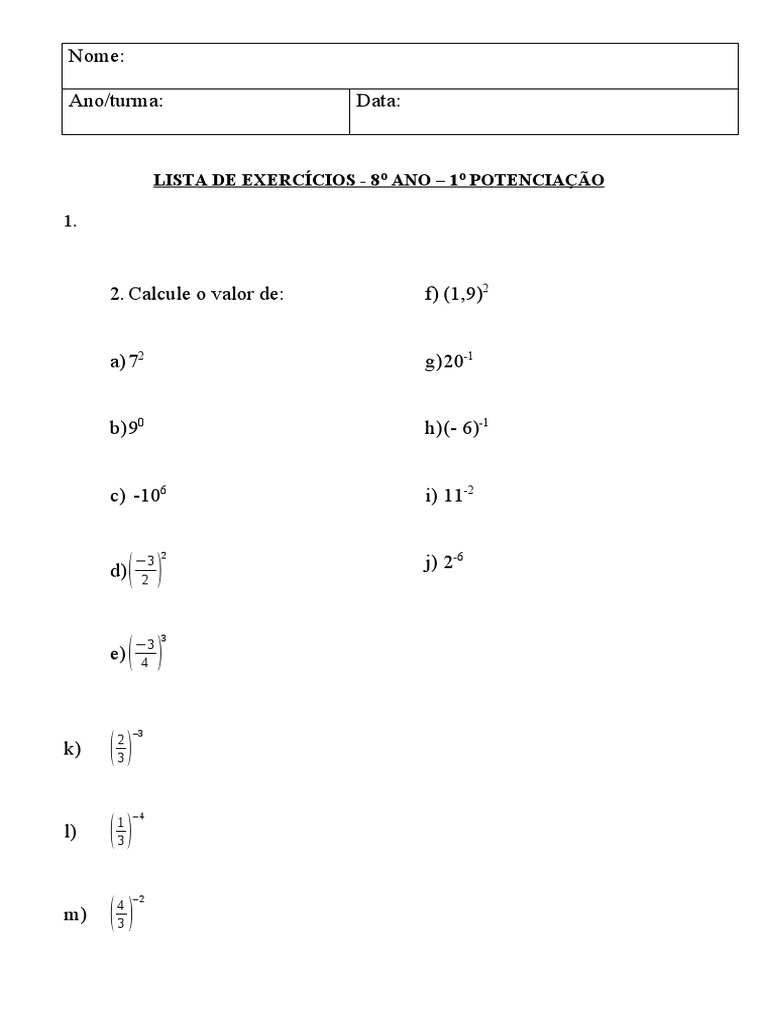 8o Ano - Exercício - Potenciação - Aula 02 | PDF | Ensino de Matemática