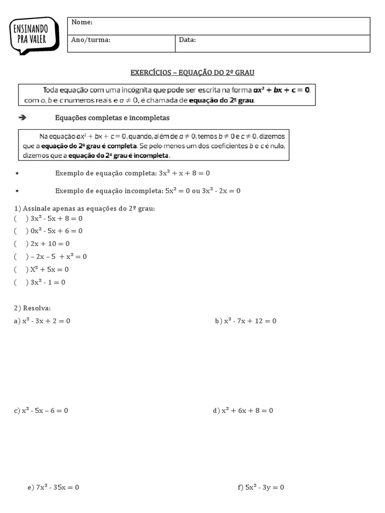 9o Ano - Exercícios - Equação Do 2 Grau | PDF