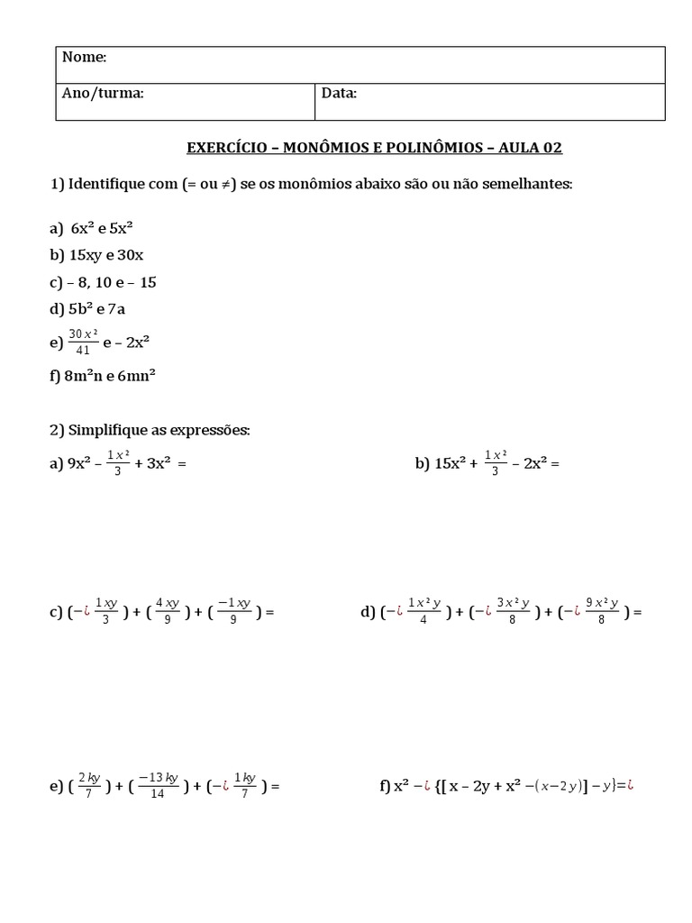 8o Ano - Exercício - Monomios e Polinomios - Aula 02 | PDF