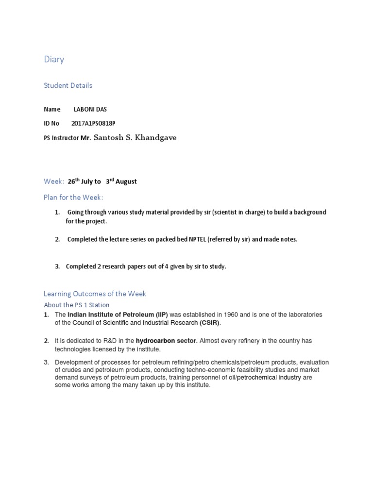 Engineering Student's Weekly Diary | PDF | Chemical Reactor | Petroleum