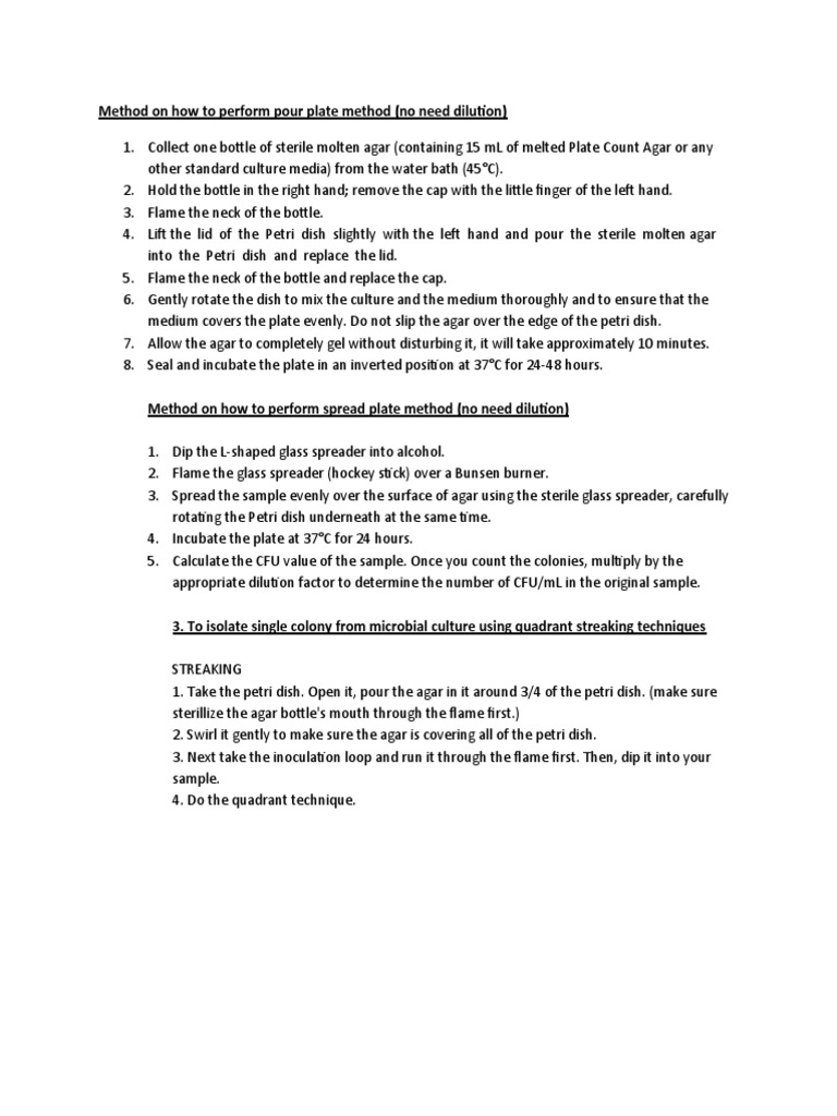 Method On How To Perform Pour Plate Method (No Need Dilution) PDF