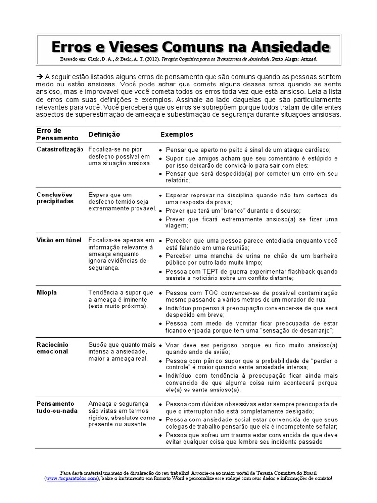 Erros Comuns de Pensamento na Ansiedade | PDF | Ansiedade | Campos ...