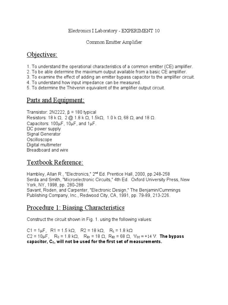 Common Emitter Amplifier Experiment | PDF | Amplifier | Electrical Network