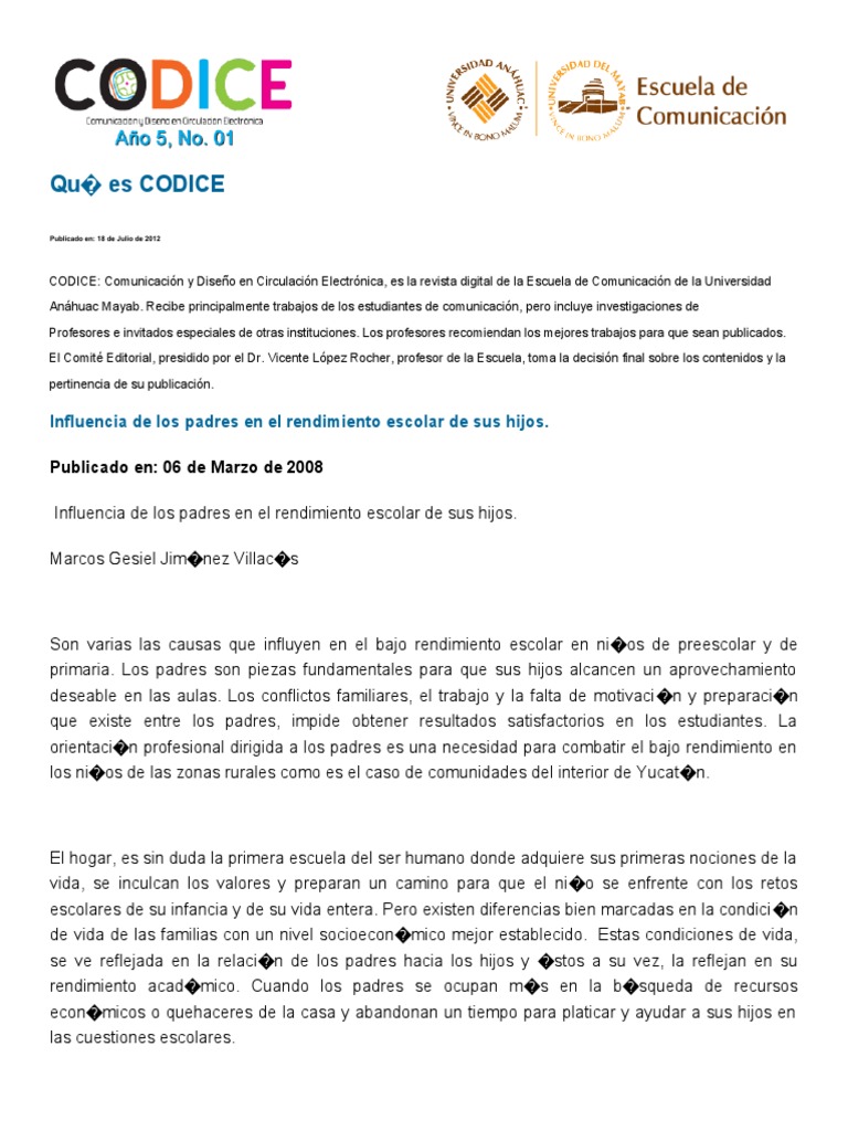 Influencia de Los Padres en El Rendimiento Escolar de Sus Hijos | PDF ...