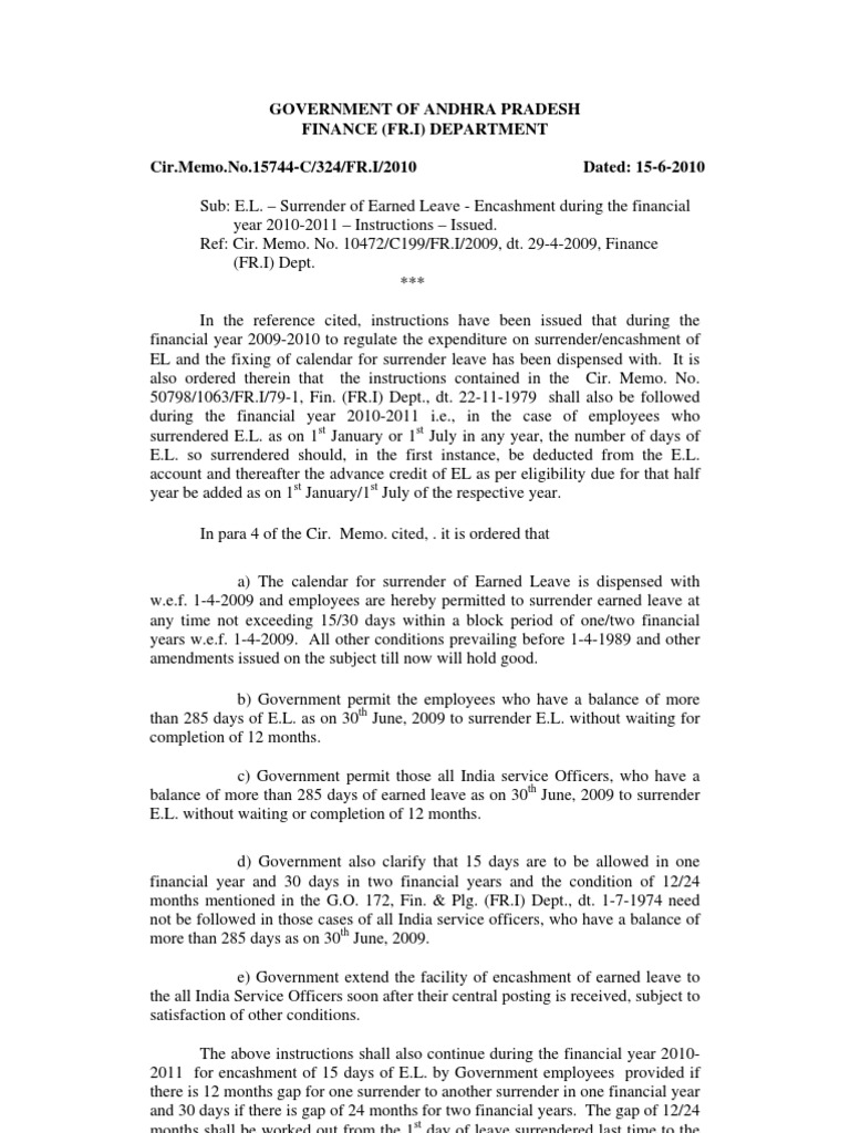 E L Surrender Of Earned Leave Encashment Pdf Government Social Institutions