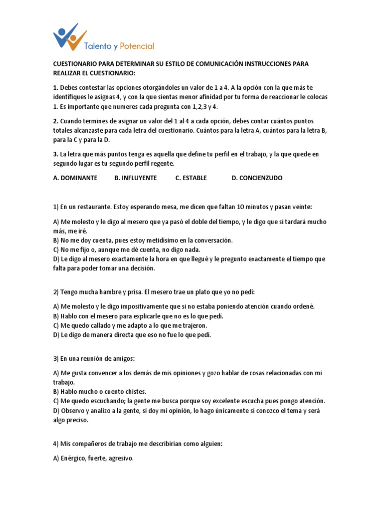 Cuestionario de Estilo de Comunicación | PDF | Relaciones personales ...
