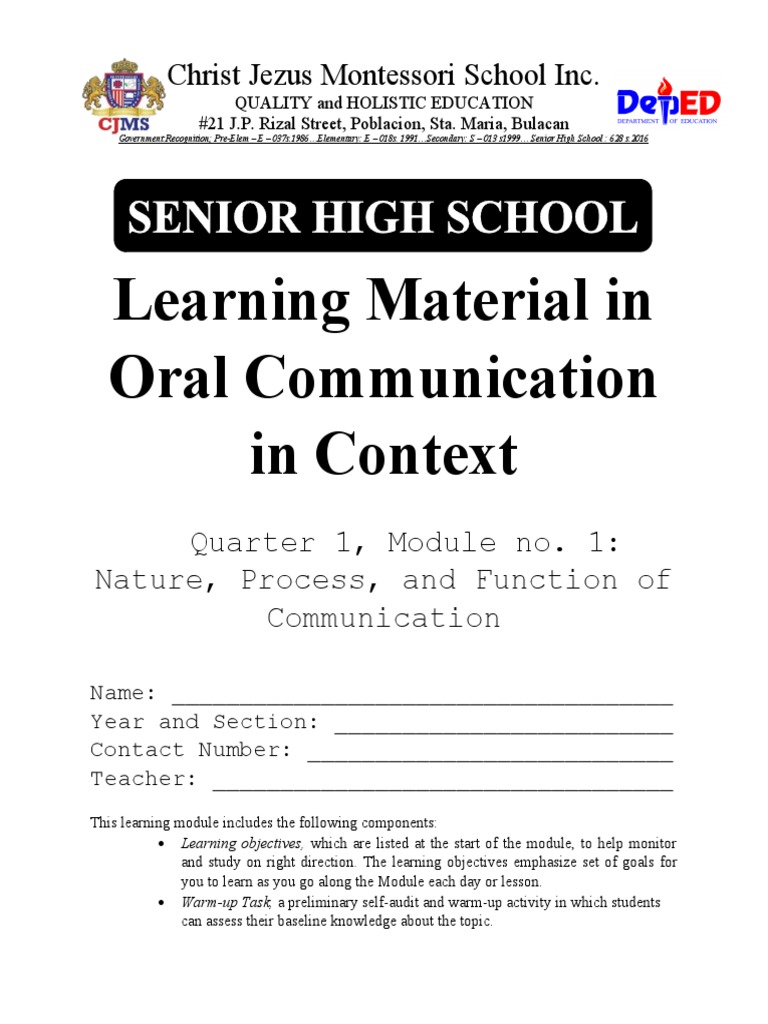 Oral Communication Module for SHS Students | PDF | Self-Improvement ...