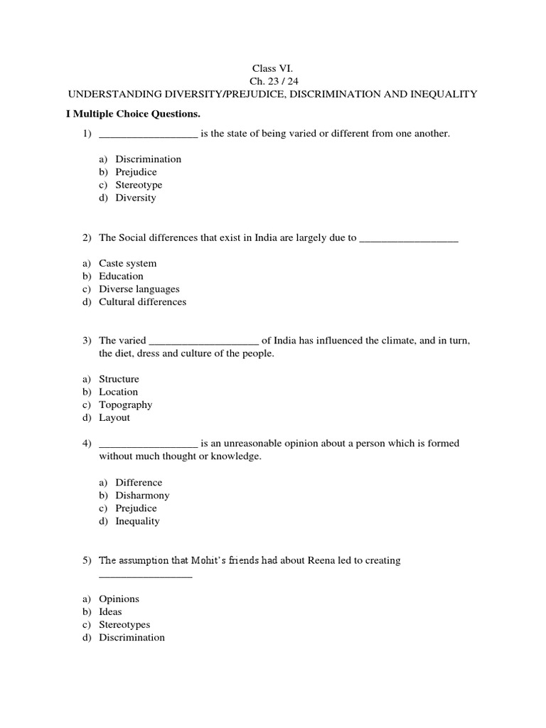 I Multiple Choice Questions | PDF | Prejudices | Discrimination