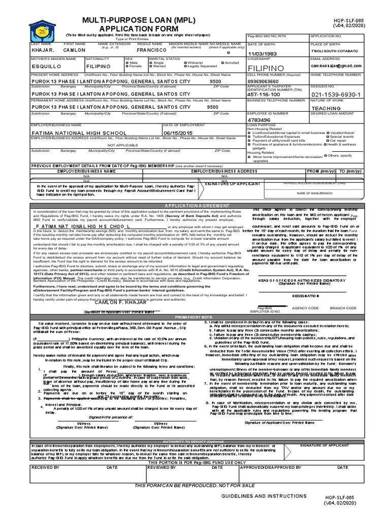 MultiPurpose Loan (MPL) Application Form Filipino PDF Loans