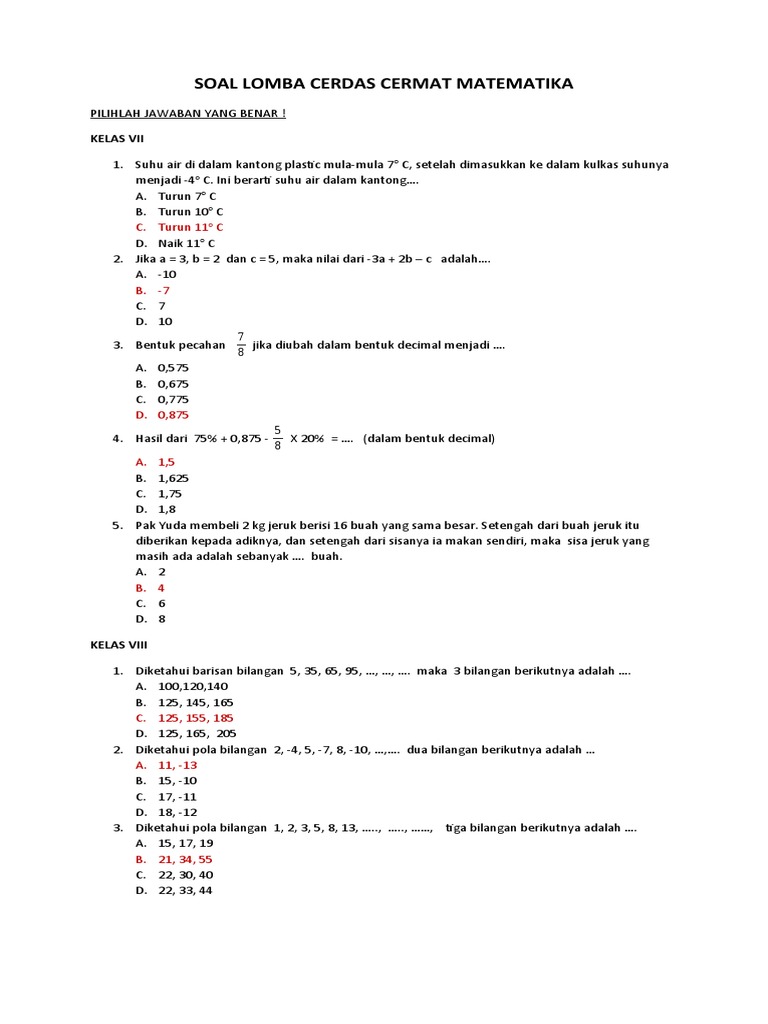 Soal Lomba Cerdas Cermat Matematika