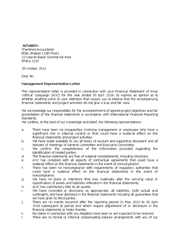 Management Representation Letter PDF Financial Statement Internal