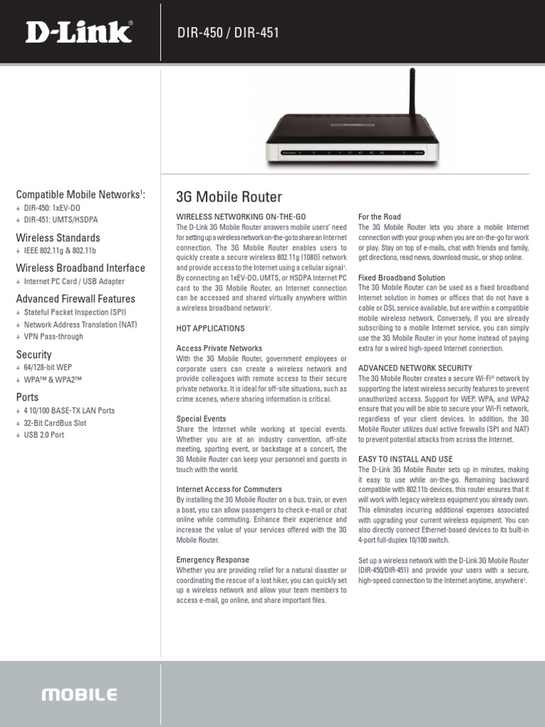 3G Mobile Router: DIR-450 / DIR-451 | PDF | Wireless Lan | Computer Network