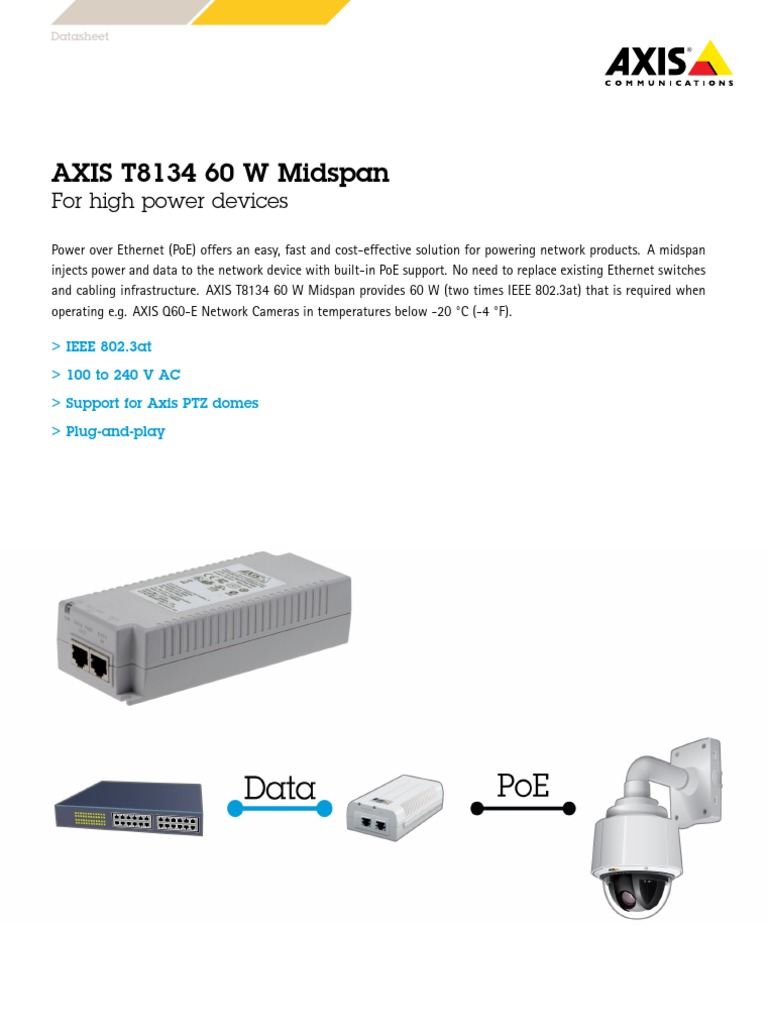 AXIS T8134 Midspan 60W Per Sistemi Di Sicurezza - Alimentatore PoE Per Telecamere AXIS T98A-VE, Colore Bianco