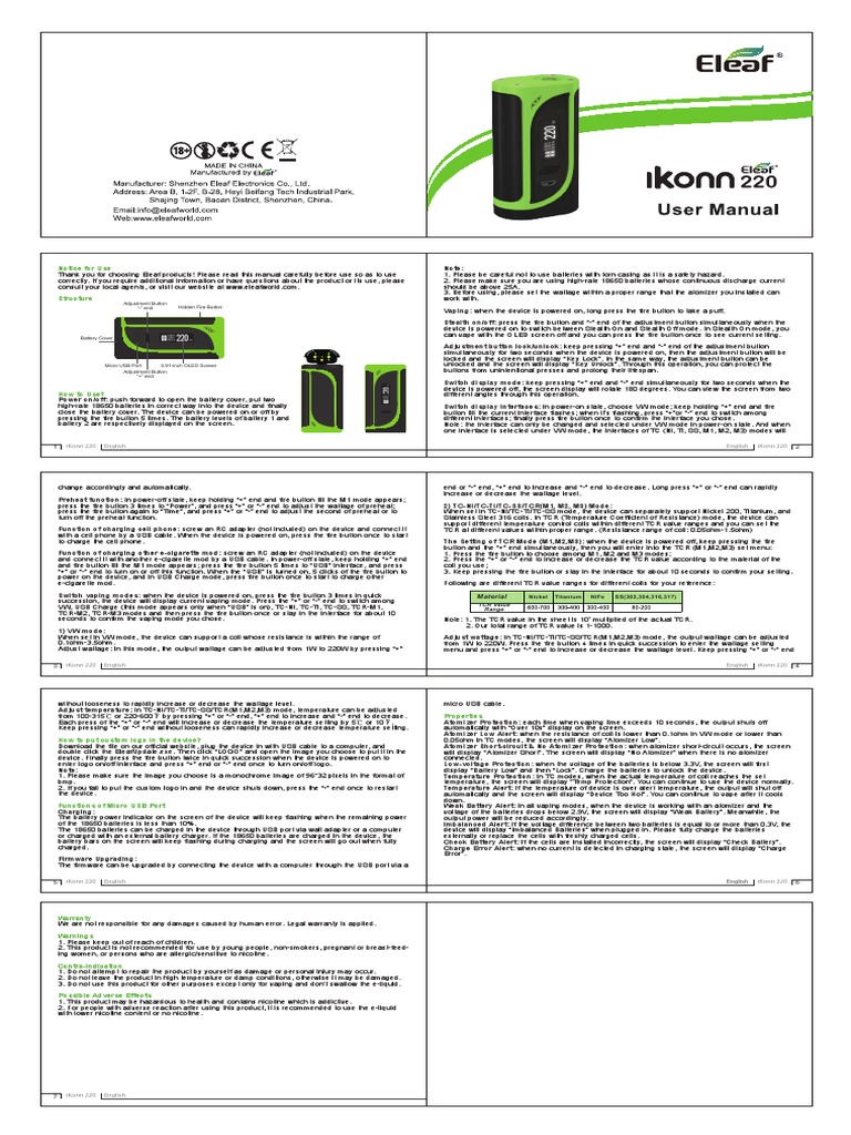 Eleaf iKonn 220 User Manual | PDF | Usb
