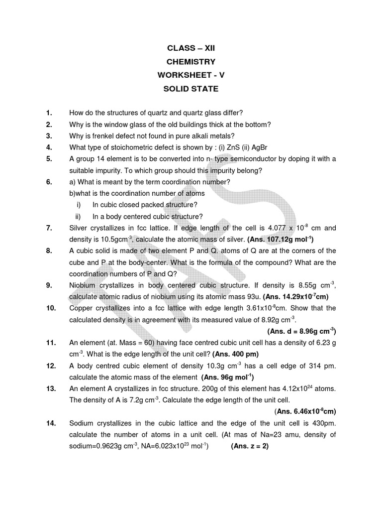 Class 12 Chemistry Solid State Worksheet | PDF | Crystal Structure ...