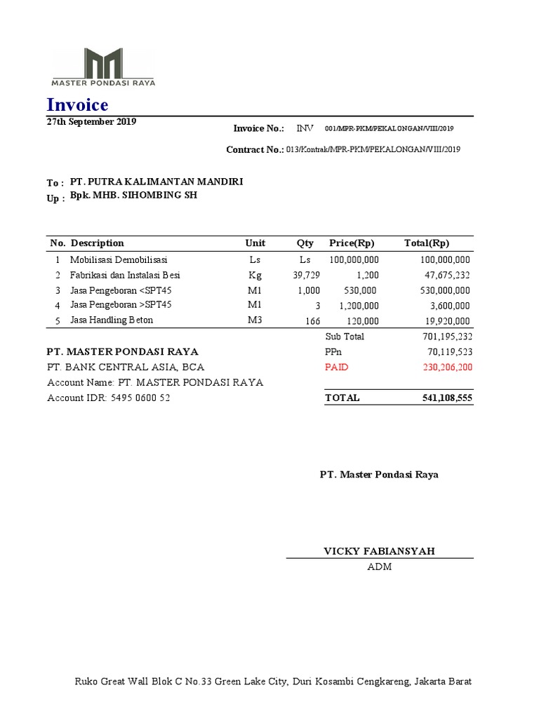 Invoice: 27th September 2019 Invoice No.: Contract No. | PDF ...