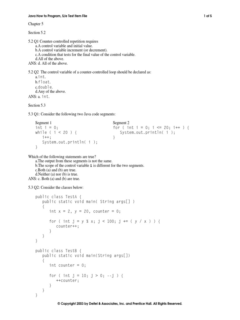 Java How To Program, 5/e Test Item File 1 of 5 | PDF | Control Flow ...