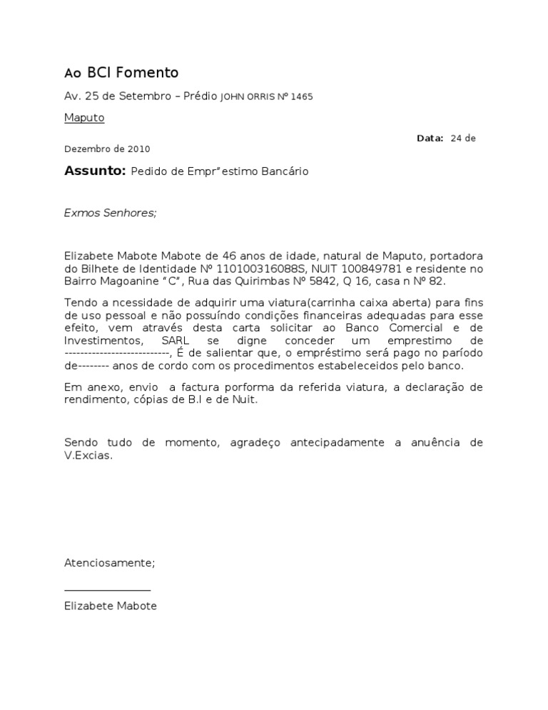 Carta ao BCI Fomento