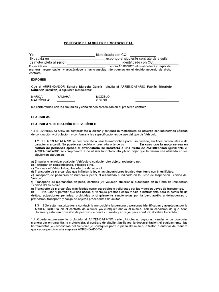 Contrato de Alquiler de Motocicleta | PDF | Motocicleta | Alquiler