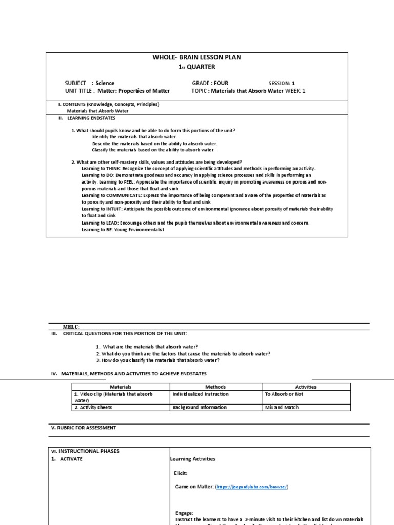 Whole-Brain Lesson Plan: 1 Quarter, PDF, Porosity